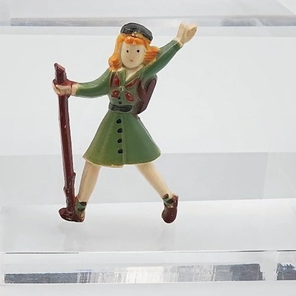 VTG 1940 Girl Scout Hiking Pin Clip Brooch Hand Painted Figural Plastic Novelty